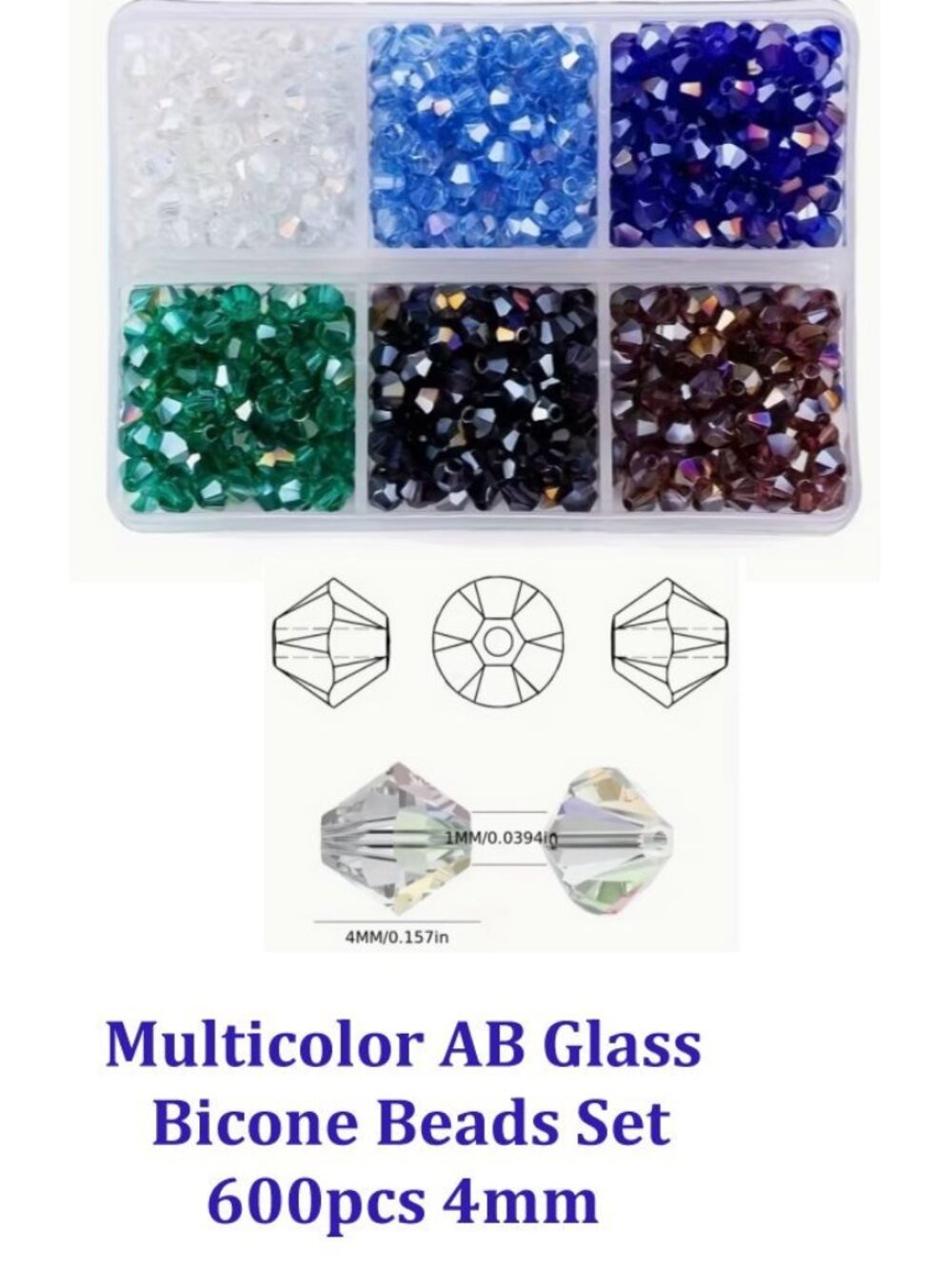 Multicolor AB Glass  Bicone Beads Set 600pcs 4mm